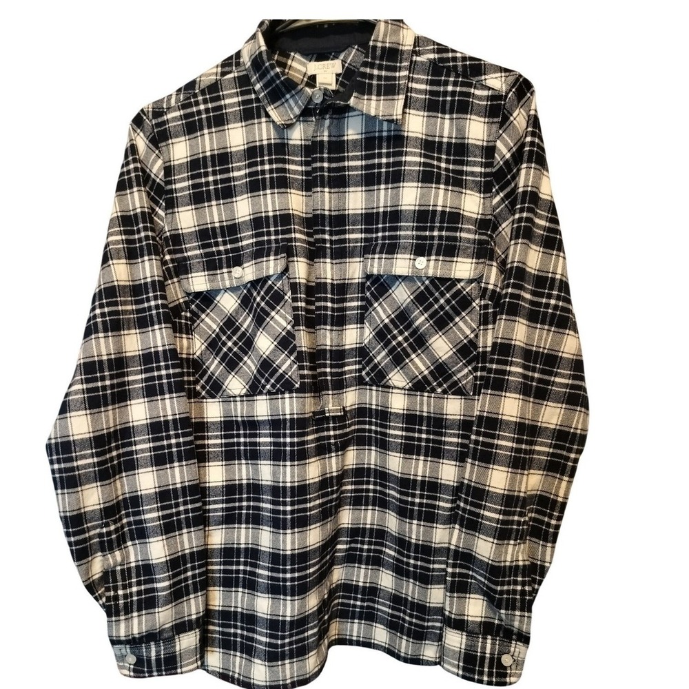 J. Crew Plaid Flannel Shirt Women's XS Navy White Long Sleeve 1/2 Zip up Cotton
